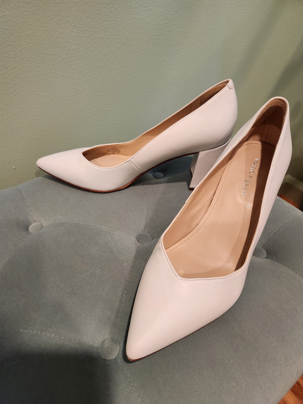 Marc Fisher White Pointed Toe Block Heel Pumps